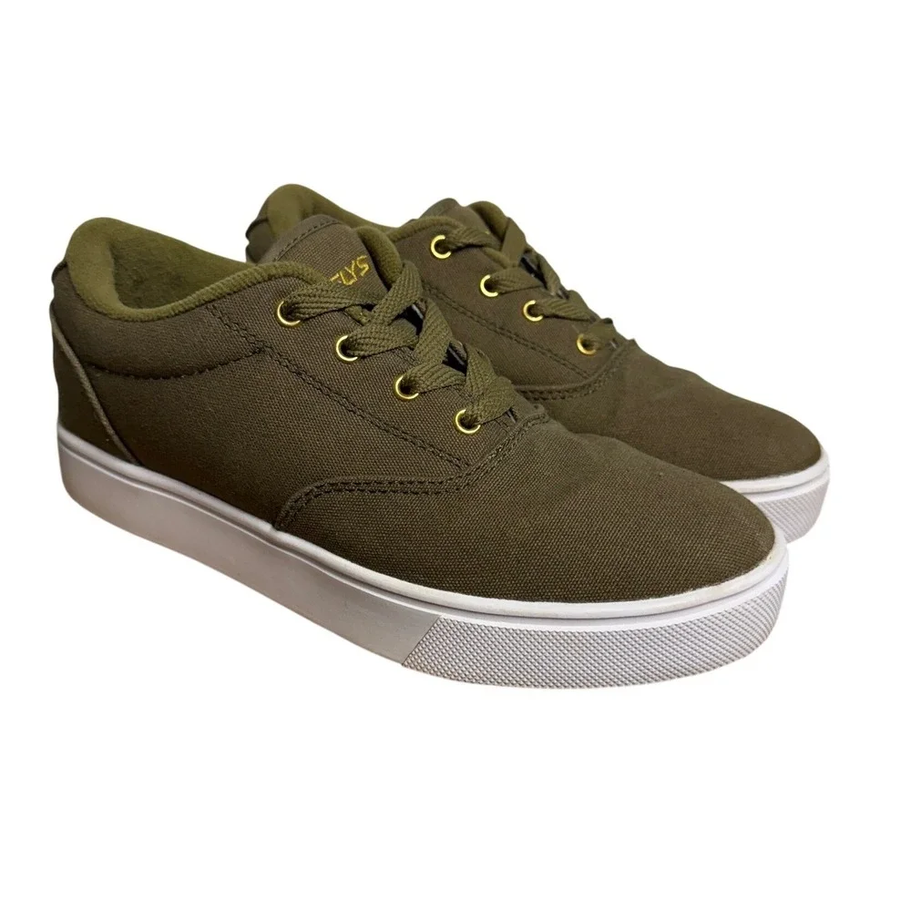 Heelys Kids Skate Shoes Olive Green Canvas Gold Logo Low Top‎ Sneakers Wheels